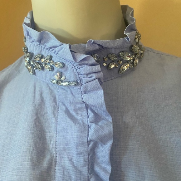 J. Crew Blue 3/4 Sleeve Ruffled Button Down Shirt - Picture 8 of 15